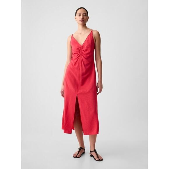 NWT Gap Women's Red V-Neckline Ruched Slip Midi Dress Size XL - Picture 1 of 12